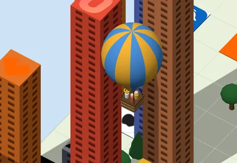 A striped hot-air balloon with a wicker basket over the wall