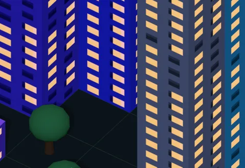 A tower with all its windows glowing warm