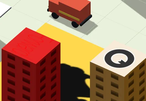 A delivery van stopped by a tower with a parcel