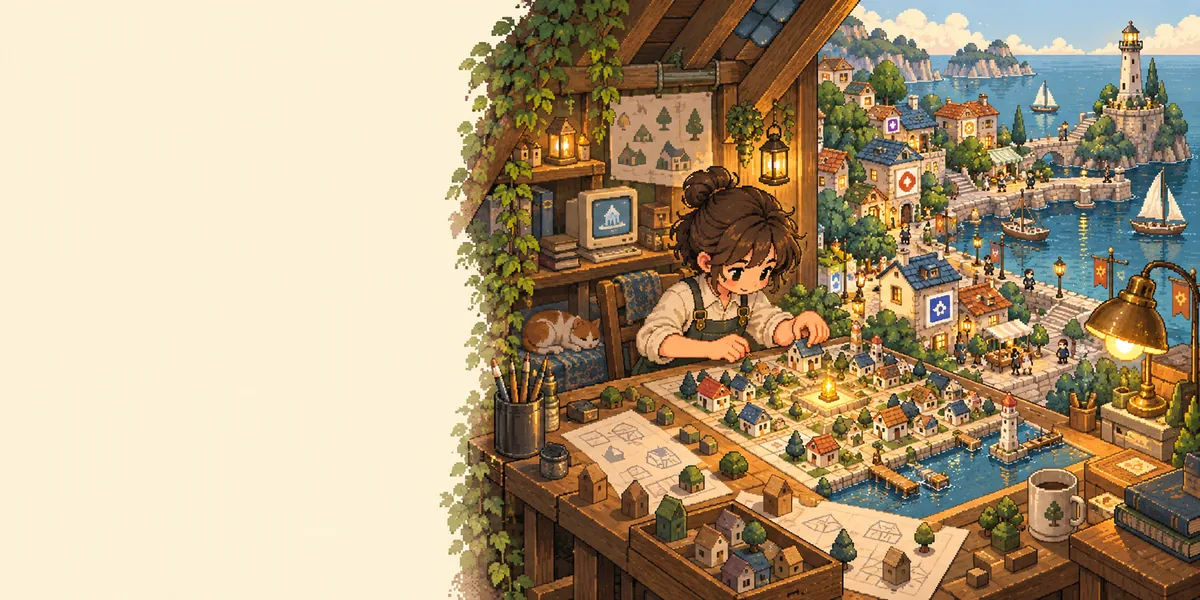 A pixel-art town founder builds a miniature favicon village around a golden square at a workbench overlooking the seaside town.