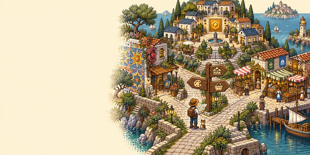 A pixel-art traveler studies a map at a seaside crossroads leading to a mosaic wall, market stalls and favicon houses.