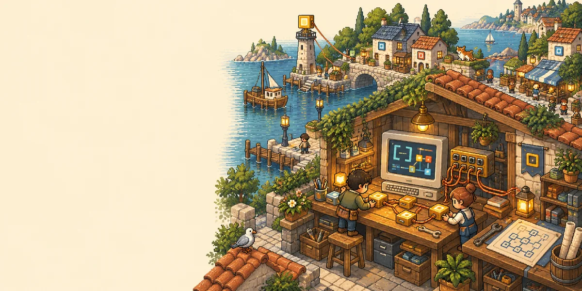 Two pixel-art developers connect glowing square modules and a retro computer to miniature favicon houses in a seaside workshop.