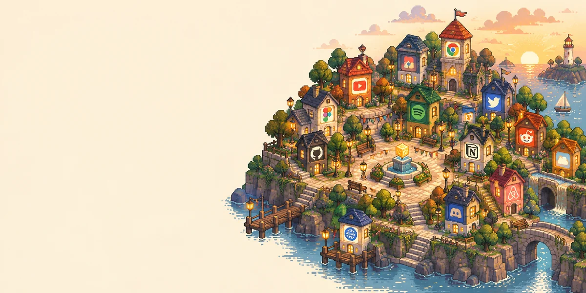 Pixel-art seaside town with favicon buildings around a glowing golden square.