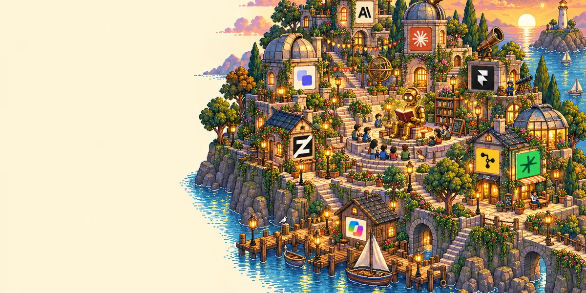 A pixel-art observatory district at sunset where a glowing brass automaton reads to townspeople, domed telescopes and AI favicons on the building signs above a harbour.