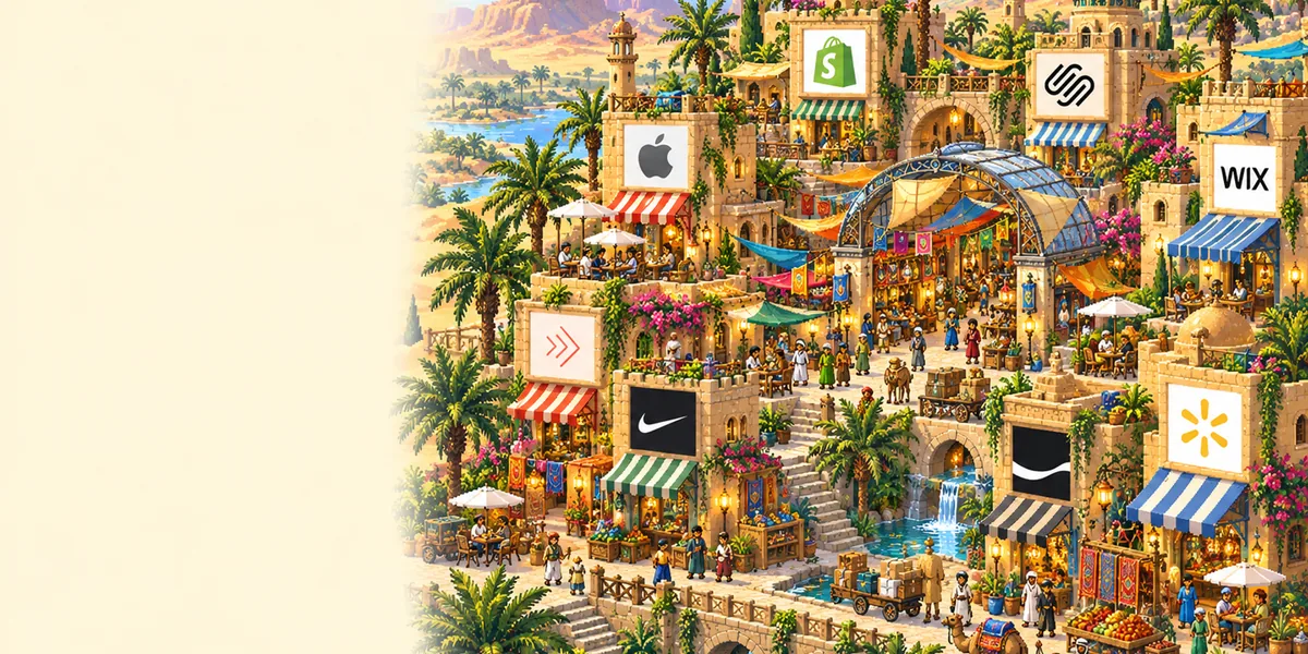 A pixel-art high street in a desert oasis town at noon, sandstone shops under striped awnings signed with retail favicons, palm trees, camels and laden carts.
