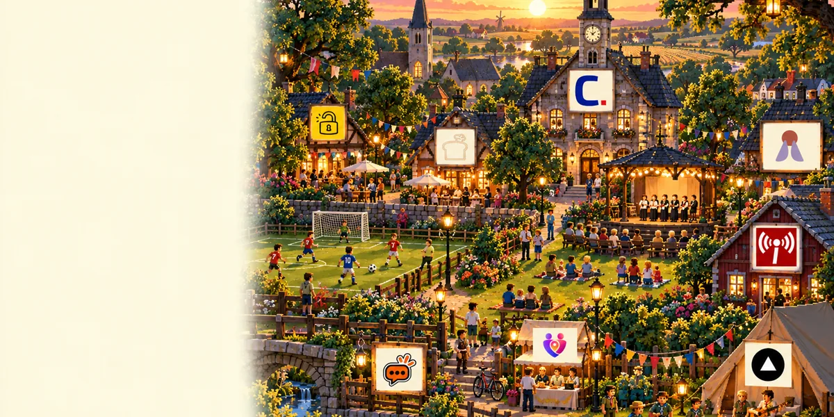 A pixel-art village green on a summer evening, a town hall and bandstand with a choir, a football pitch and club stalls under bunting, signed with community favicons.