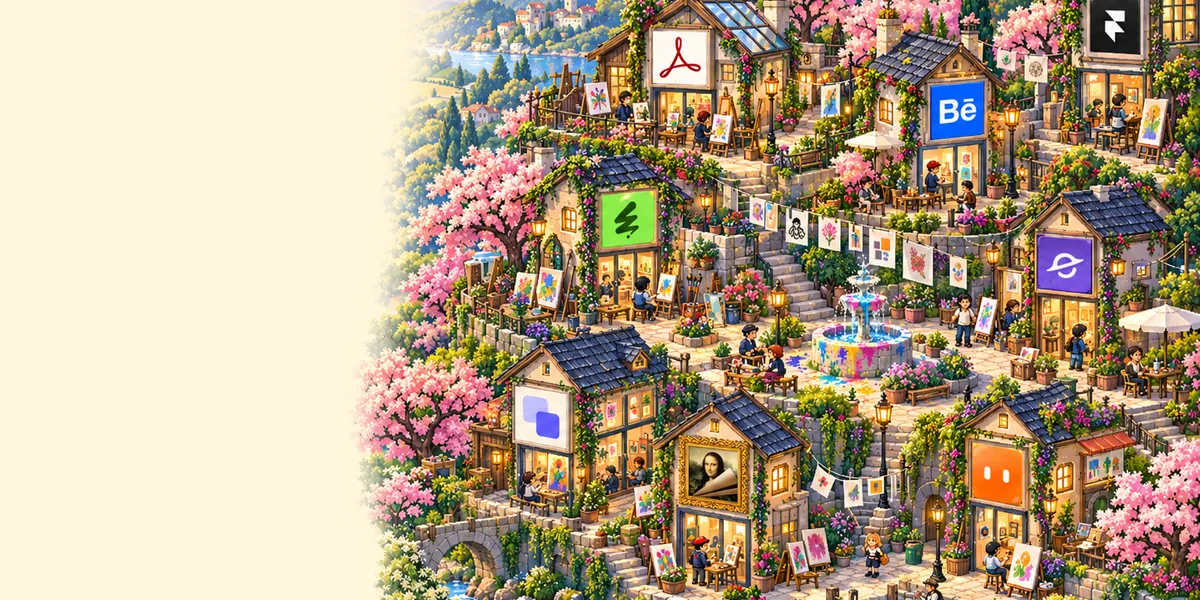 A pixel-art artists' quarter among cherry blossom, studios signed with design-tool favicons, easels and prints drying on lines above a paint-splashed fountain.