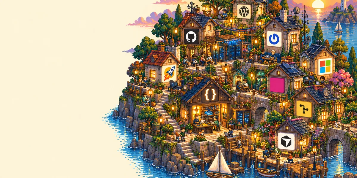 A lantern-lit pixel-art workshop quarter above a harbour, its houses signed with developer-tool favicons, server racks glowing behind the windows and cables strung between the roofs.