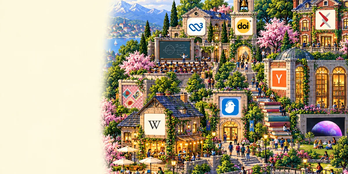 A pixel-art campus on a sunny hilltop, a bell-tower school, an open-air lecture hall, a library and giant stacks of books, signed with reference-site favicons.