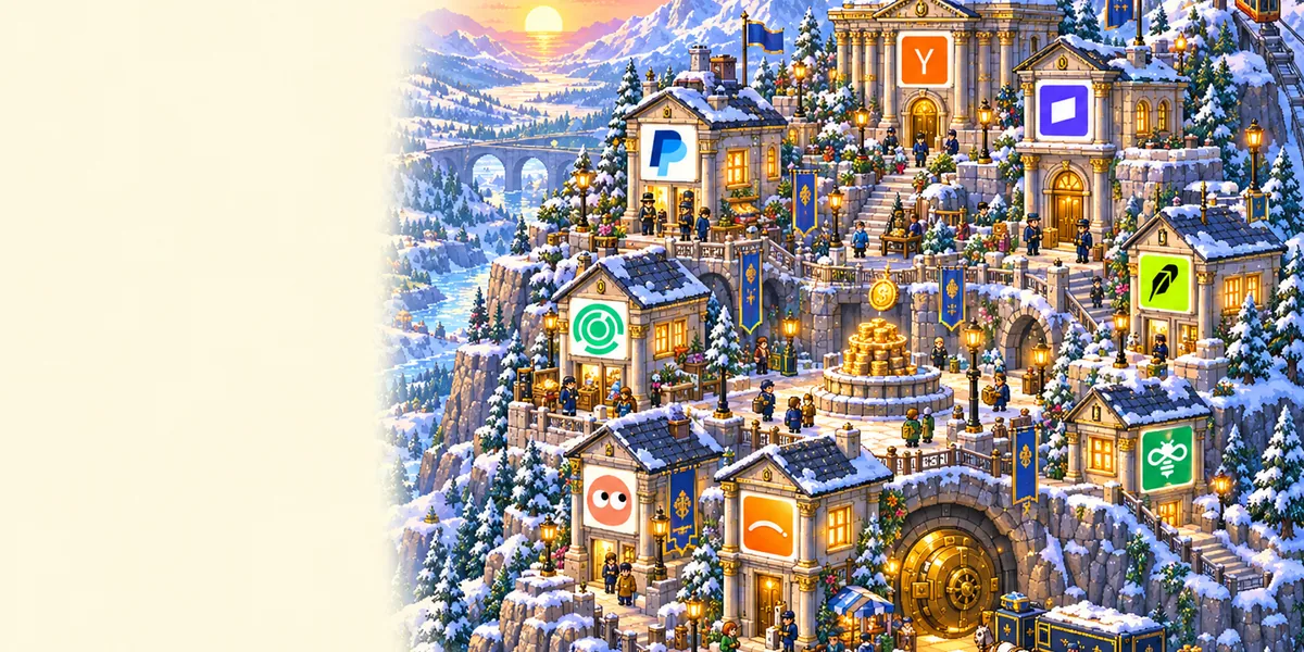 A pixel-art bank quarter on a snowy mountain at dawn, columned counting houses signed with fintech favicons, a round vault door and a fountain of gold coins.