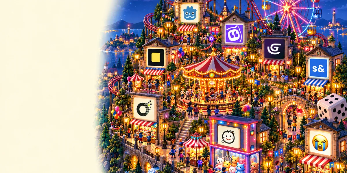 A pixel-art fairground on a hilltop at night, a carousel, a ferris wheel, a claw machine and a giant dice, with games favicons on the booths and buildings.