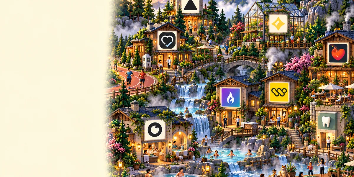 A pixel-art wellness quarter among steaming hot springs and pine forest, a clinic, a herb greenhouse and a running track, signed with health-app favicons.