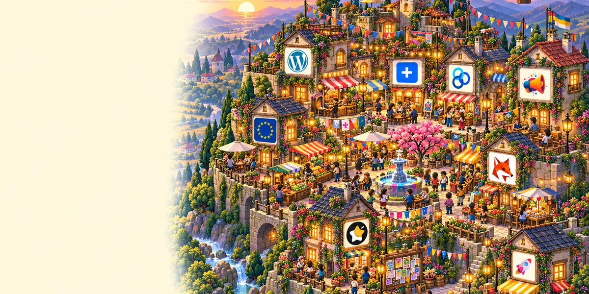 A pixel-art market street on a plateau at dusk, bright banners and bunting over stalls, a poster-crowded noticeboard and marketing favicons on the house signs.