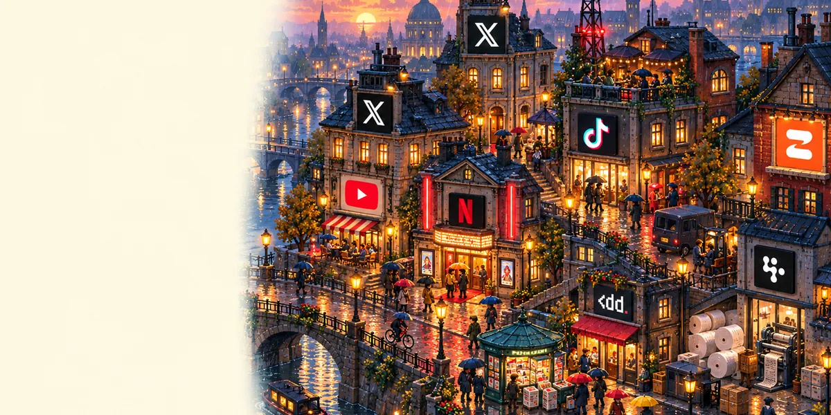A pixel-art press district on a rainy evening, wet cobblestones reflecting lit signs of media favicons, a newspaper kiosk, a radio mast and a cinema marquee.