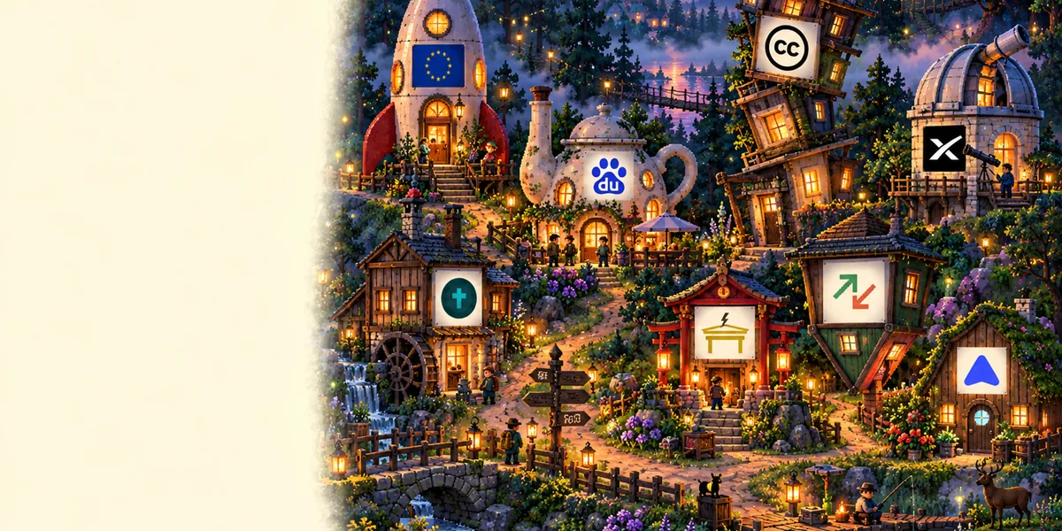 A pixel-art curiosity lane at the misty edge of a forest at twilight: a rocket house, a teapot house, an upside-down house and a small shrine, each with its own odd sign.
