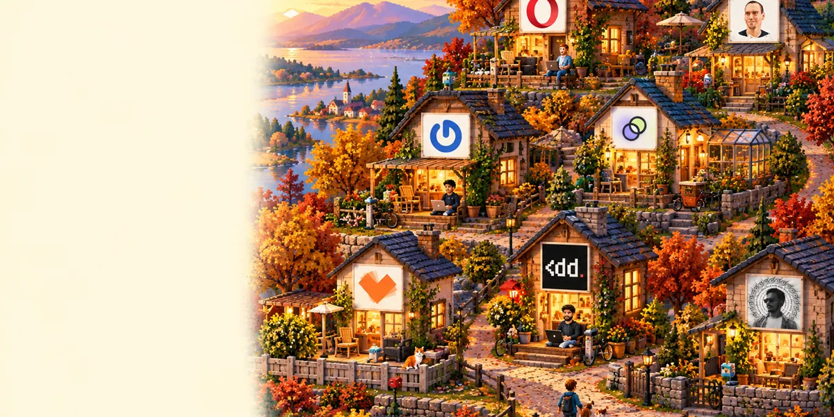 A pixel-art residential lane on autumn hills, small cottages each with its own sign, garden and lit window, a person working on a porch and a cat on the fence.