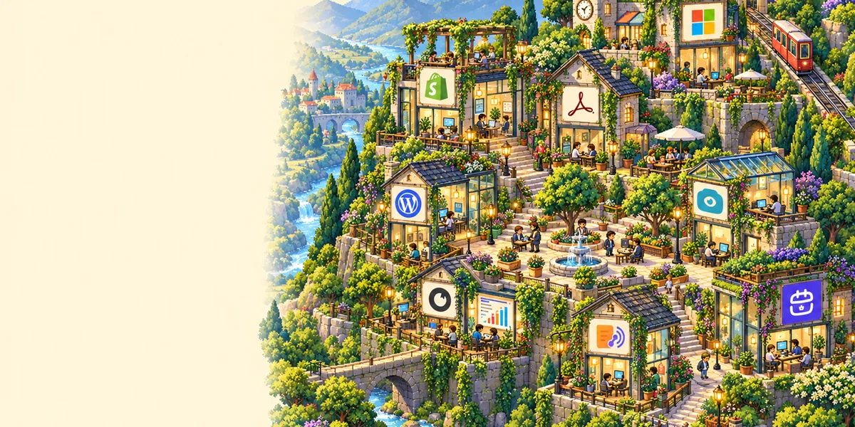 A pixel-art office quarter terraced on a green hillside above a river valley, glass-fronted houses signed with software favicons, a clock tower and a funicular climbing the slope.