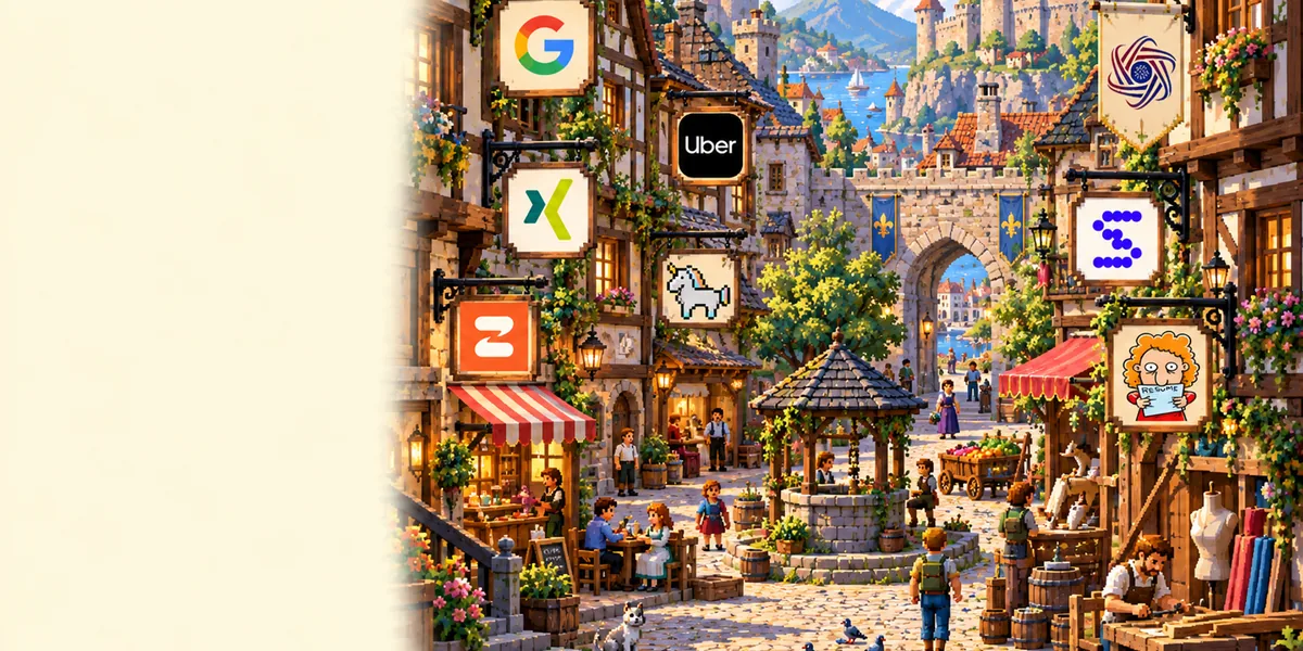 A pixel-art guild street in a walled town at midday, half-timbered workshops with hanging trade signs carrying agency and freelancer favicons around a well.