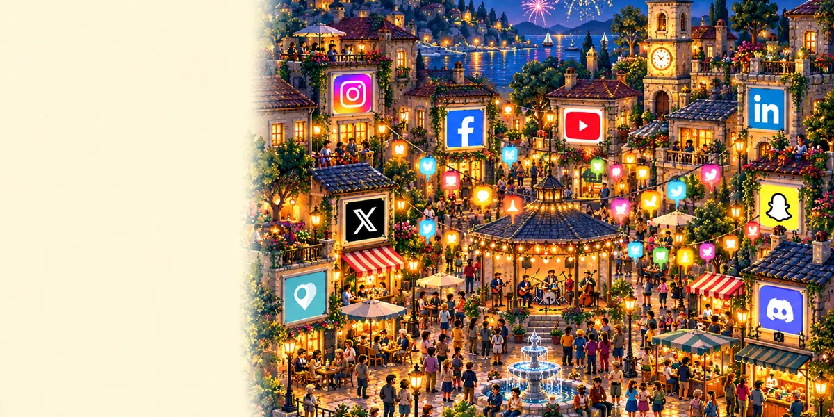 A pixel-art town square festival at night, crowds at cafe tables around a bandstand, speech-bubble lanterns strung overhead and social favicons on the facades.
