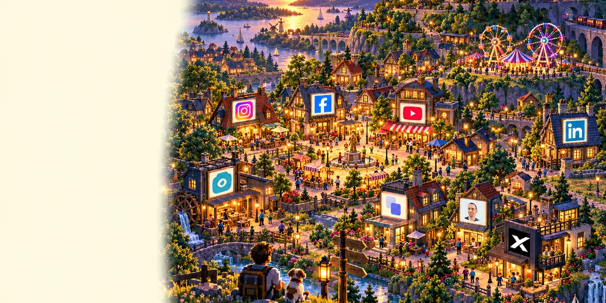 A pixel-art town seen from a hill at golden hour: a workshop quarter, a market street, a library, a fairground and a residential lane joined by lantern-lit paths around a glowing golden square.
