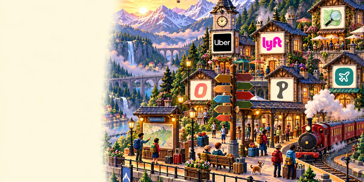A pixel-art mountain railway station at sunrise, a red steam train at the platform, a signpost of destinations, suitcases and travel favicons on the buildings.