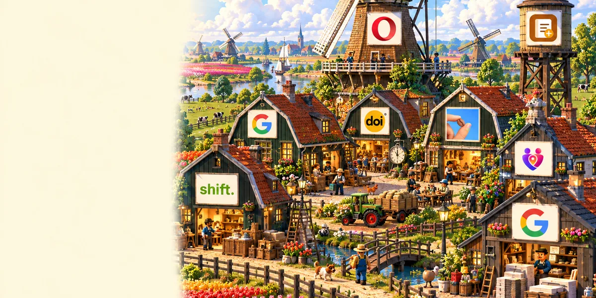 A pixel-art windmill village on a green plain, workshops with giant clocks and scales on their facades, a printing shop and tulip fields, signed with tool favicons.