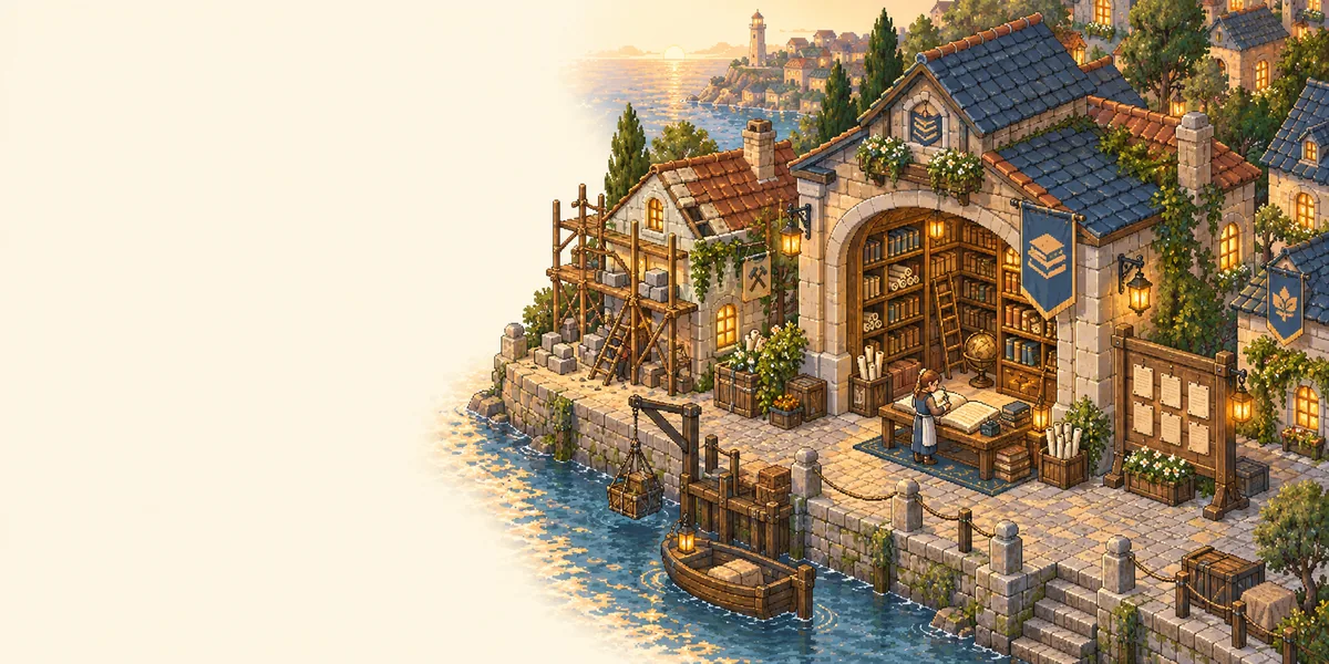 A pixel-art town archivist updates a ledger beside shelves of records, a noticeboard and a neighboring house under repair.