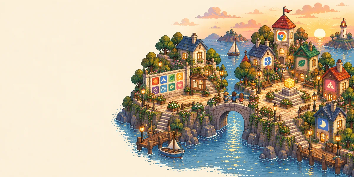 Townspeople on a stone bridge compare a colorful tiled wall with favicon towers around a glowing golden square in a pixel-art seaside town.