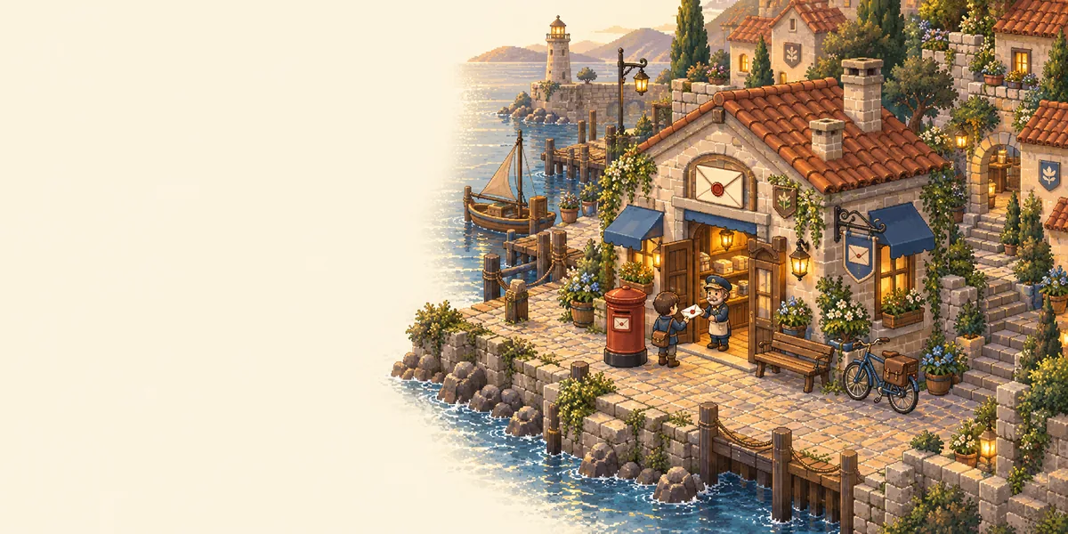 A welcoming pixel-art postmaster receives a letter outside a lantern-lit seaside post office with a red postbox and a mail bicycle.