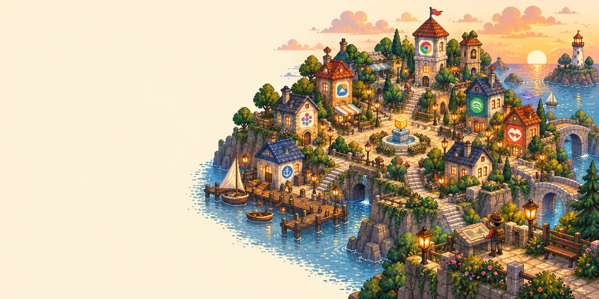 A pixel-art explorer studies a map above a seaside town of winding paths, favicon towers and a harbor.