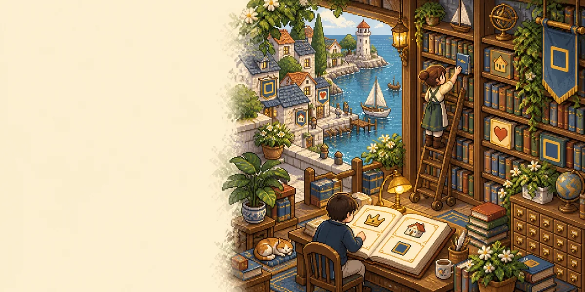A librarian retrieves a book while a reader explores an illustrated dictionary in a lantern-lit pixel-art seaside library.