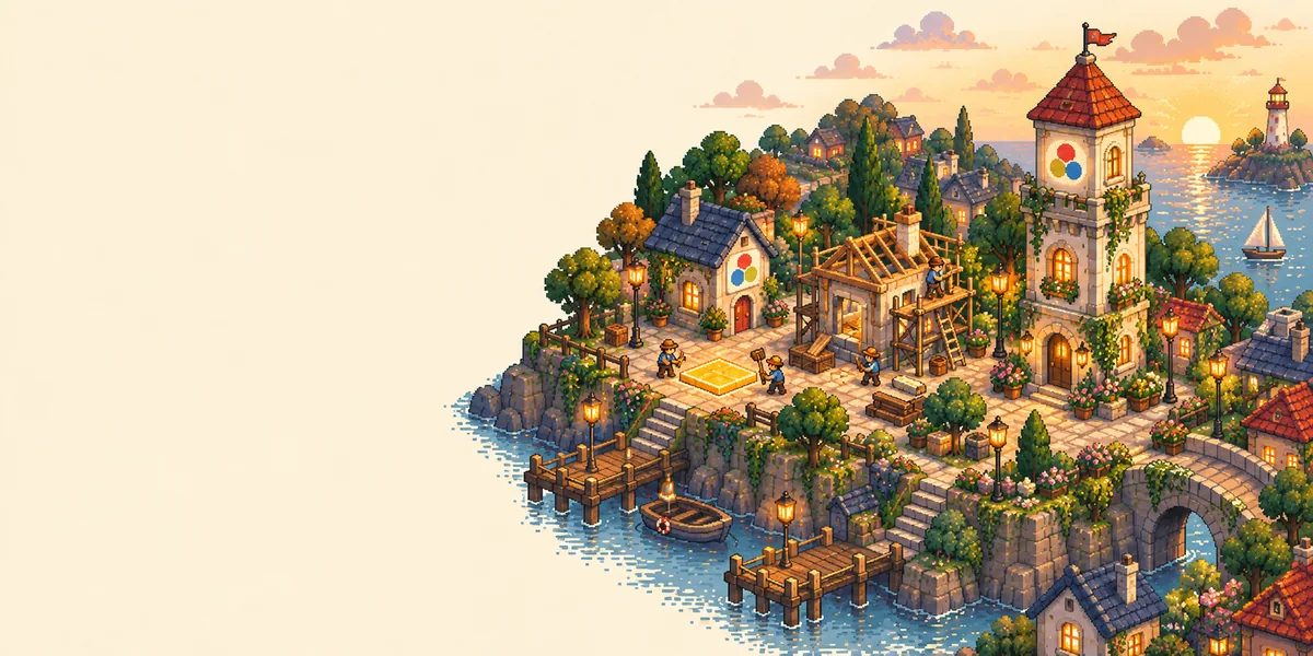 A glowing square, a small house under construction and a finished favicon tower line a pixel-art town street.