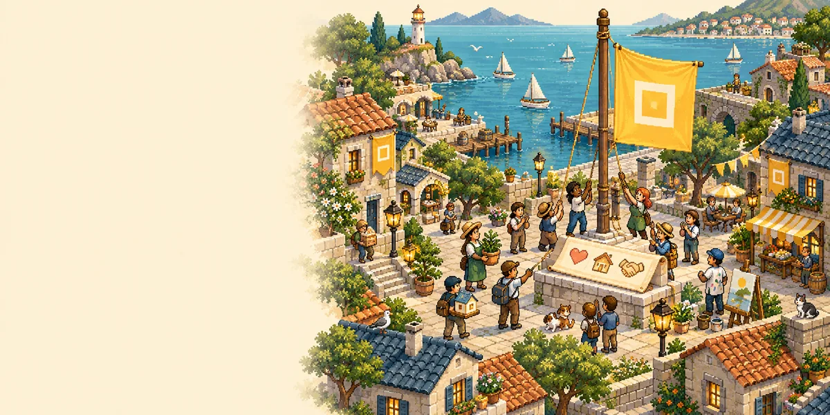 Pixel-art townspeople raise a golden square banner together beside an illustrated charter in their shared seaside square.