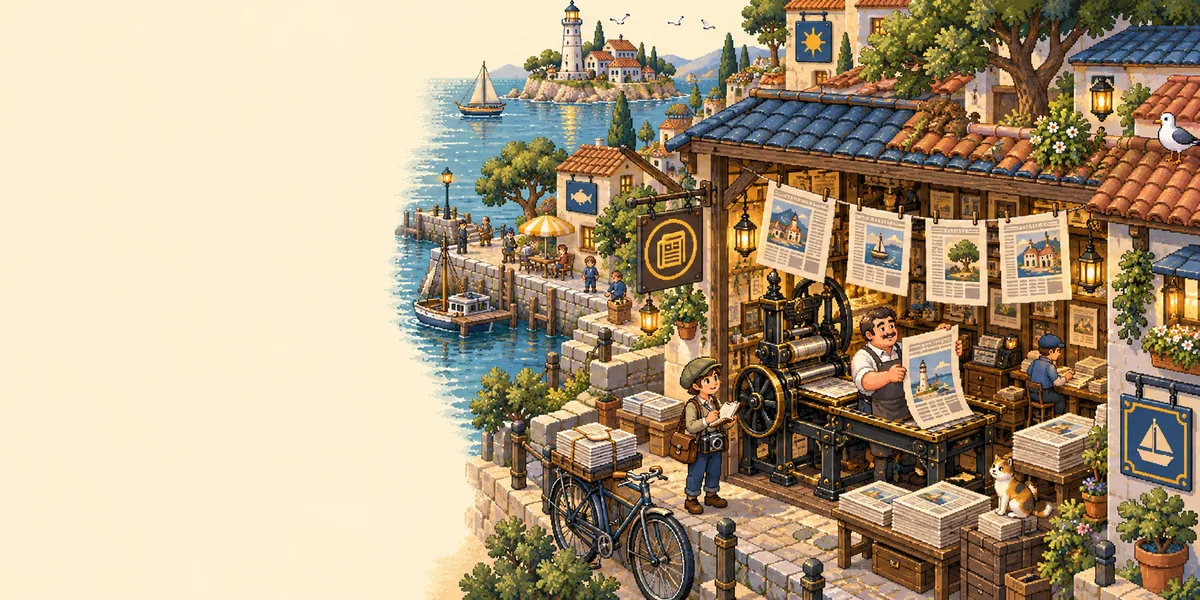 An editor and reporter prepare newspapers beside a printing press in a pixel-art seaside newsroom, with a delivery bicycle outside.