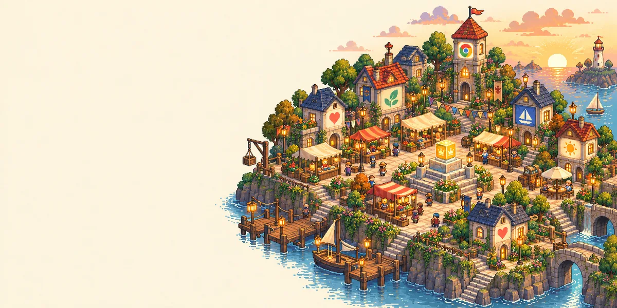 Market stalls surround the golden, crown-marked Throne on a raised stone dais in a pixel-art town square.