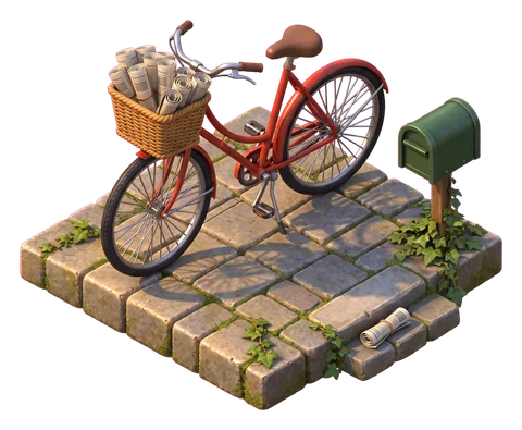 A red delivery bicycle with a wicker basket of rolled newspapers on a cobbled tile, beside a green mailbox, one paper on the step