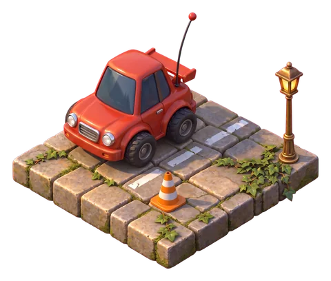 A little red remote-controlled car with a whip antenna on a cobbled street tile, by a traffic cone and a brass street lamp