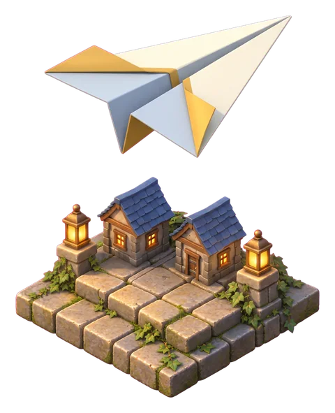 A cream paper plane with gold-edged wings gliding above two tiny slate-roofed houses and lanterns