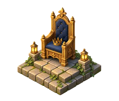A gold and blue throne with a crown, lanterns and a stone platform