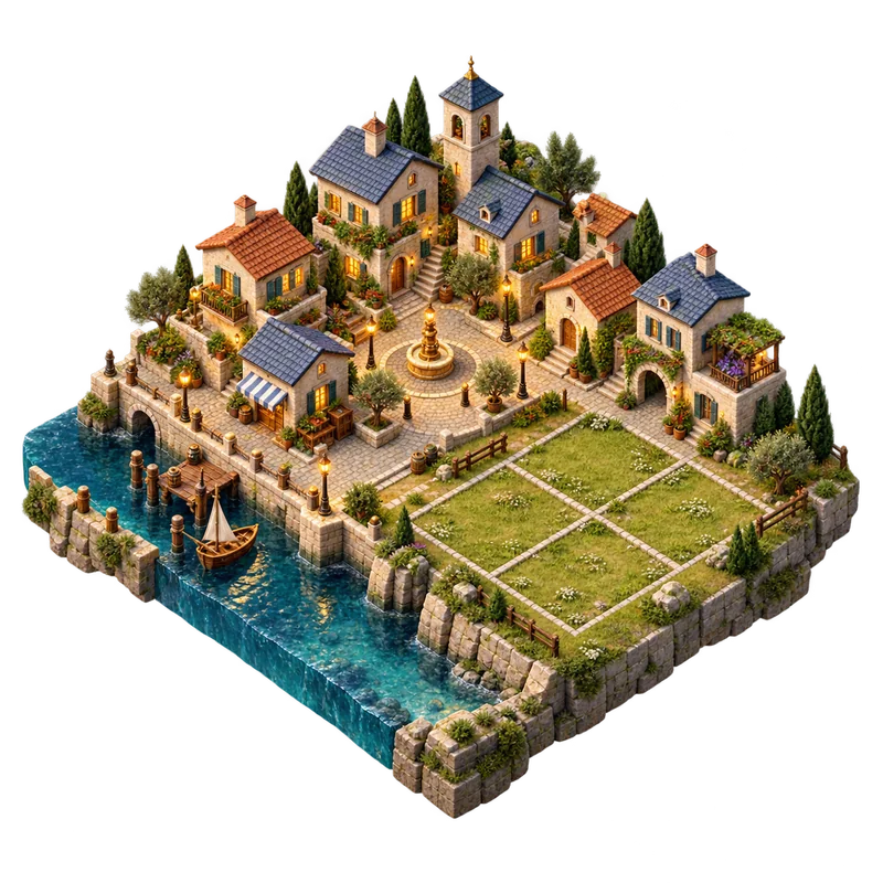 A miniature stone town with a canal and empty grassy building plots