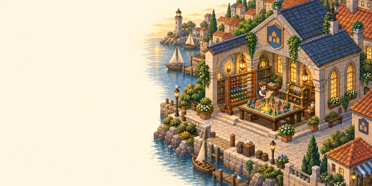 A pixel-art town statistician counts with a colorful abacus beside a miniature favicon town and a brass tally machine in a lantern-lit seaside counting house.
