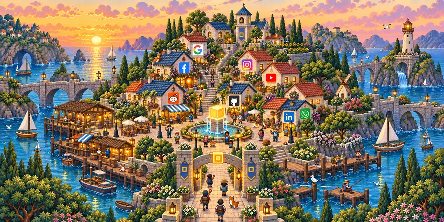 A pixel-art seaside town with Facebook, Instagram, Google, YouTube, Reddit, GitHub, LinkedIn and WhatsApp icons on houses around a glowing golden square.