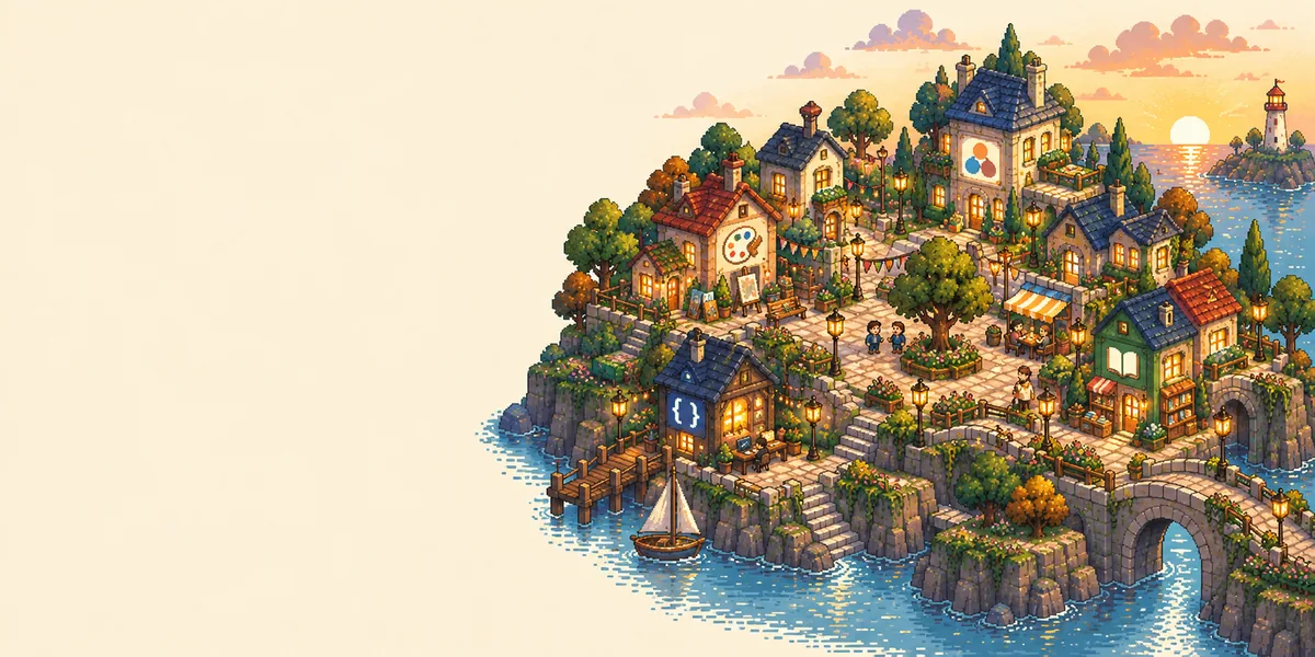 Connected pixel-art neighborhoods of coding workshops, artists’ studios, bookshops and business houses share a seaside island.