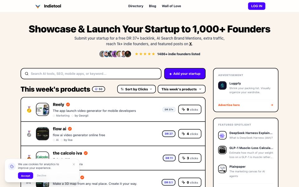 Screenshot of indietool.io (October 2026)