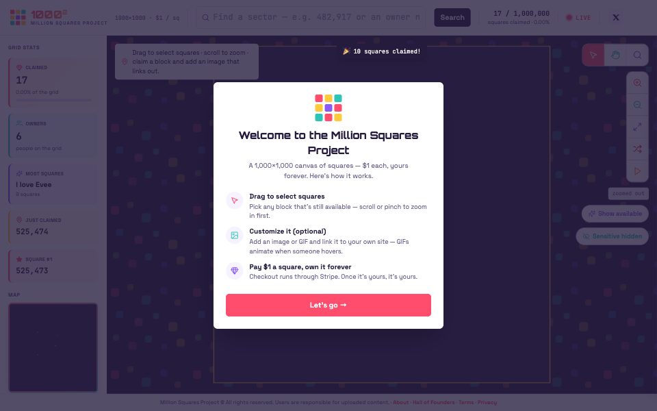Screenshot of millionsquaresproject.com (October 2026)