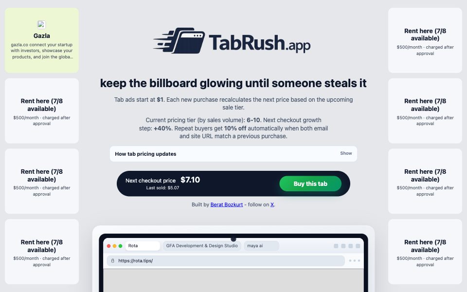 Screenshot of tabrush.app (October 2026)