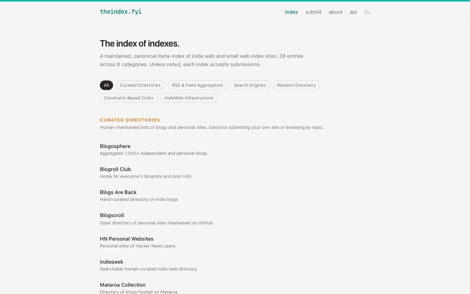 Screenshot of theindex.fyi (October 2026)