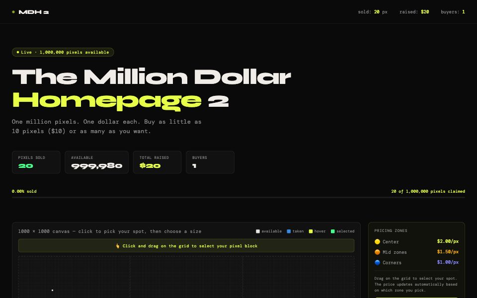 Screenshot of themilliondollarhomepage2.com (October 2026)