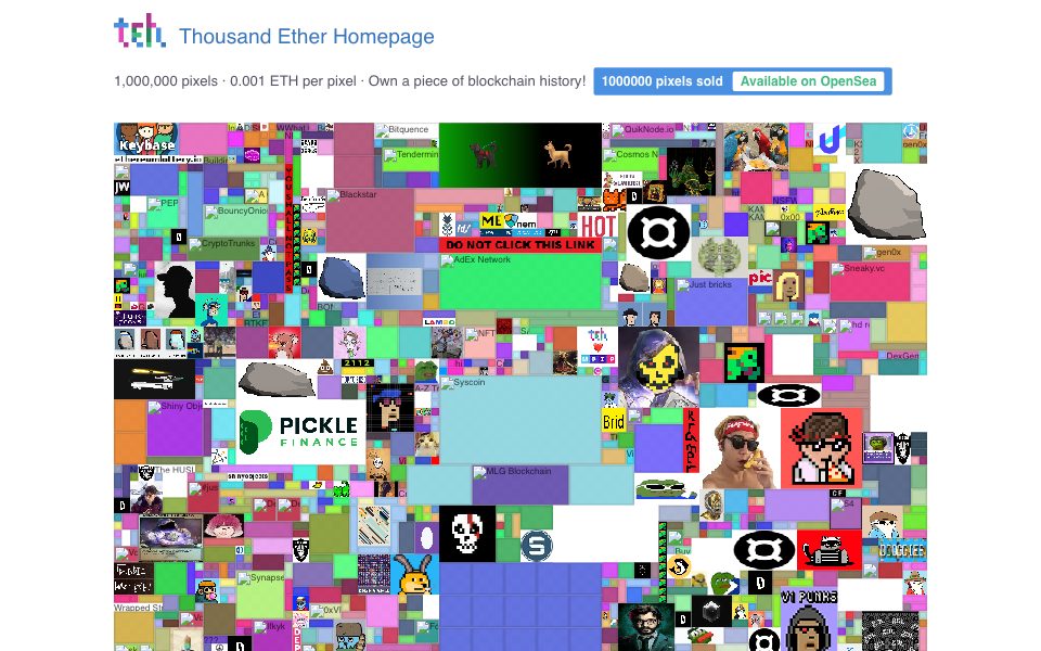 Screenshot of thousandetherhomepage.com (October 2026)